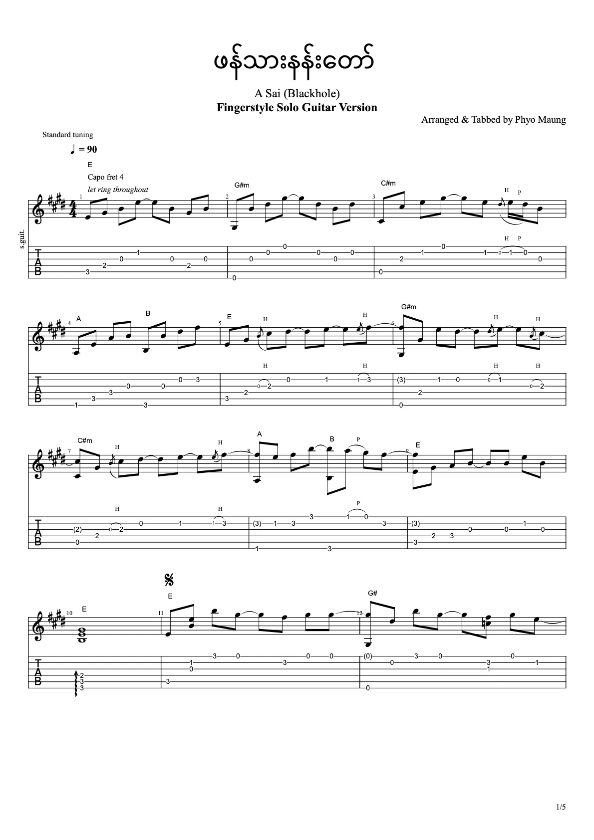 Phan Thar Nan Taw - ဖန်သားနန်းတော် (Tab - 1) - Tab by A Sai - အစိုင်း