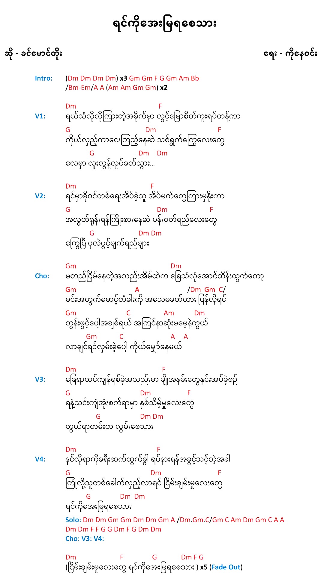 Yin Ko Aye Mya Ya Say Thar - ရင်ကိုအေးမြရစေသား